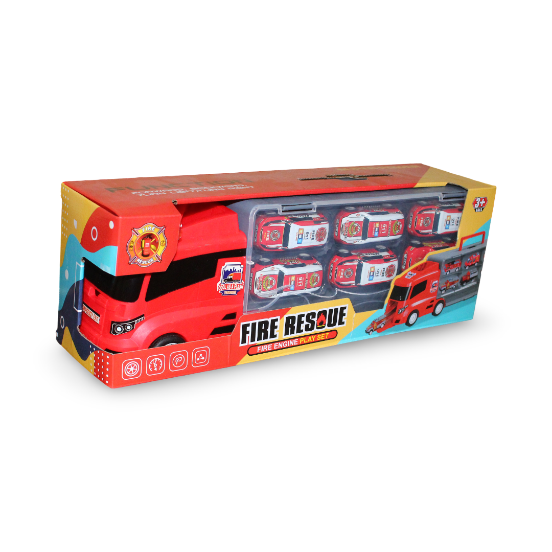 Fire Rescue Transport Truck Playset with 6 Fire Engine Cars - Toys - OKO