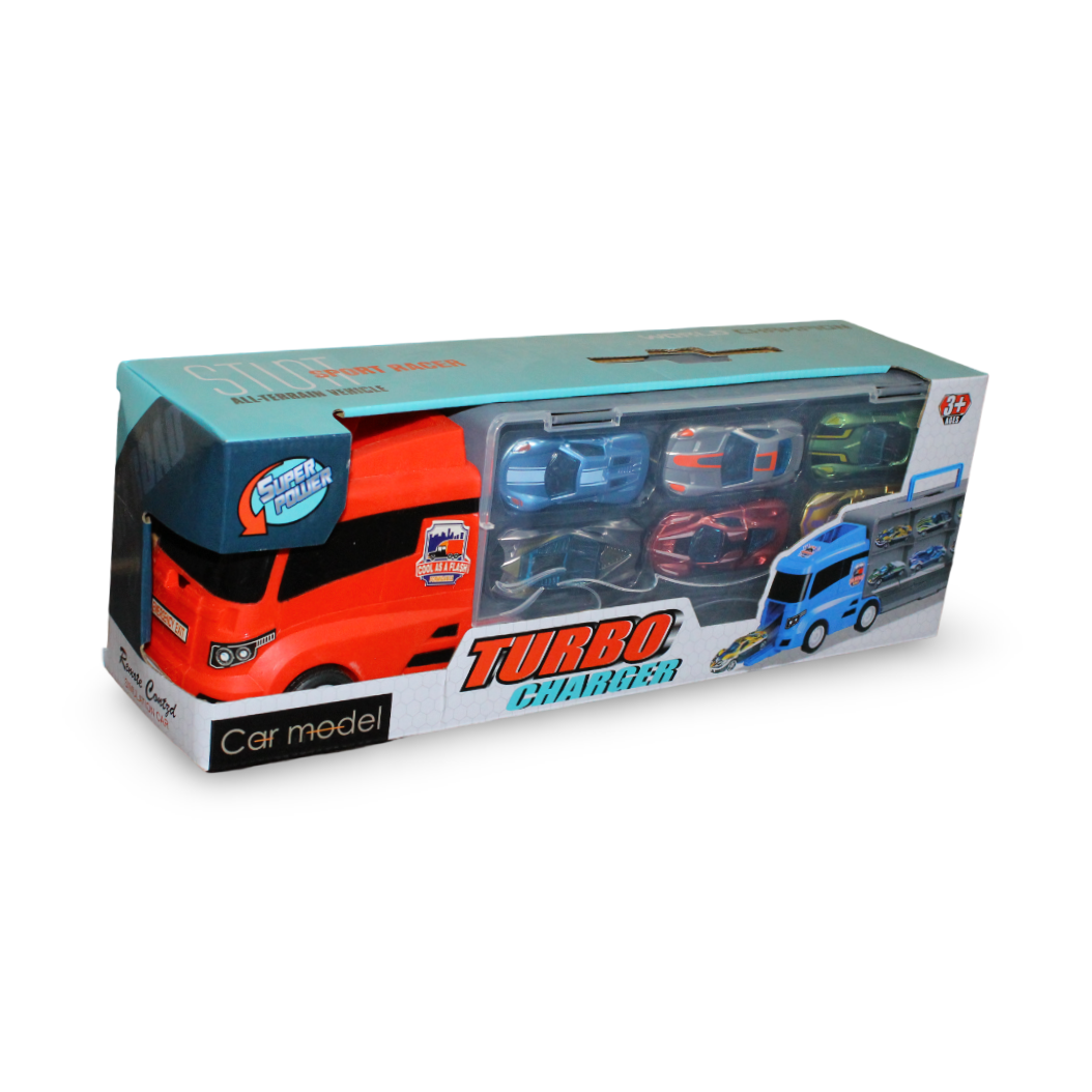Turbo Charger Transport Truck Playset with 6 Sports Cars - Toys - OKO