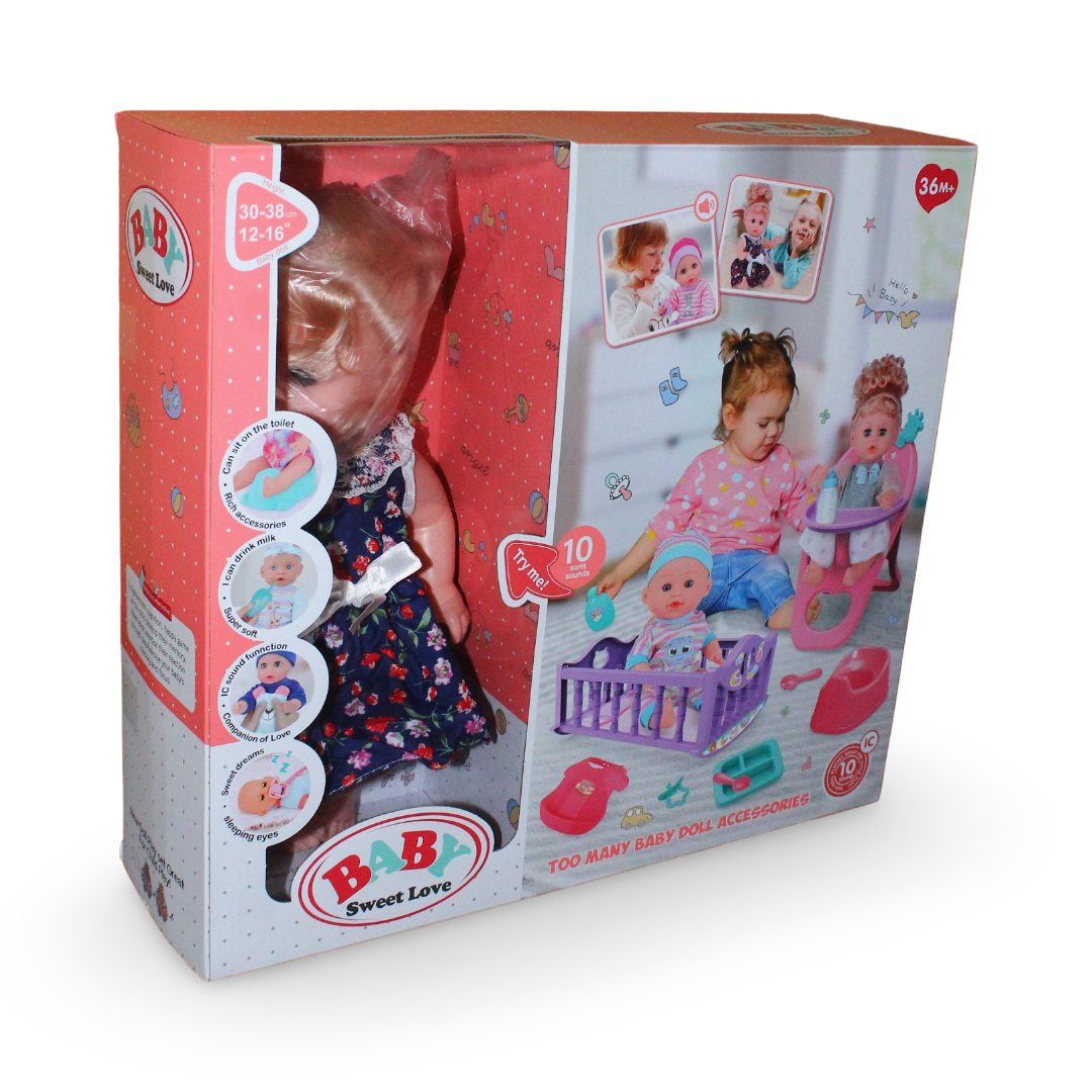 Baby Doll 40cm with 10 Melodies, Bed & High Chair Play Set - Toys - OKO