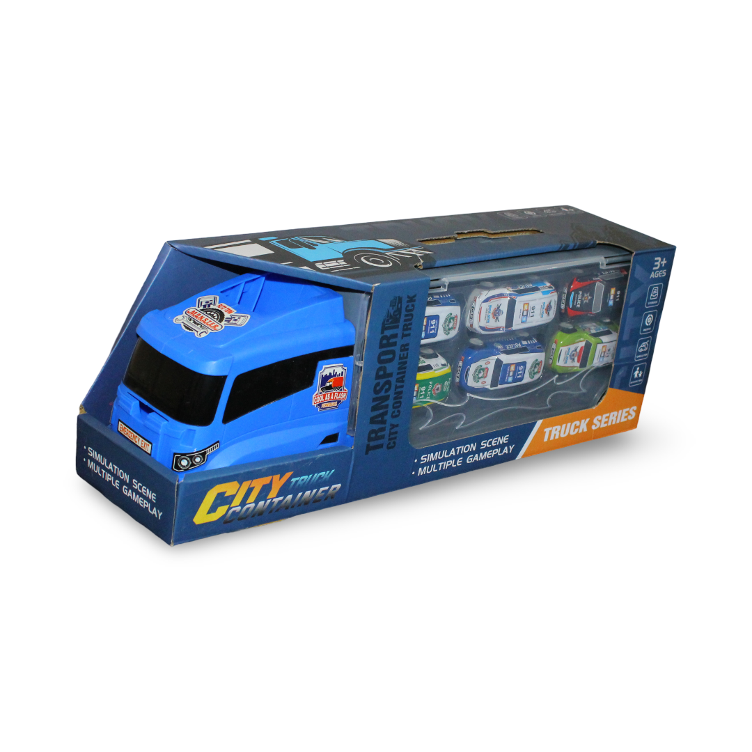 City Truck Container Carrier Playset – Truck with 6 Police Cars - Toys - OKO
