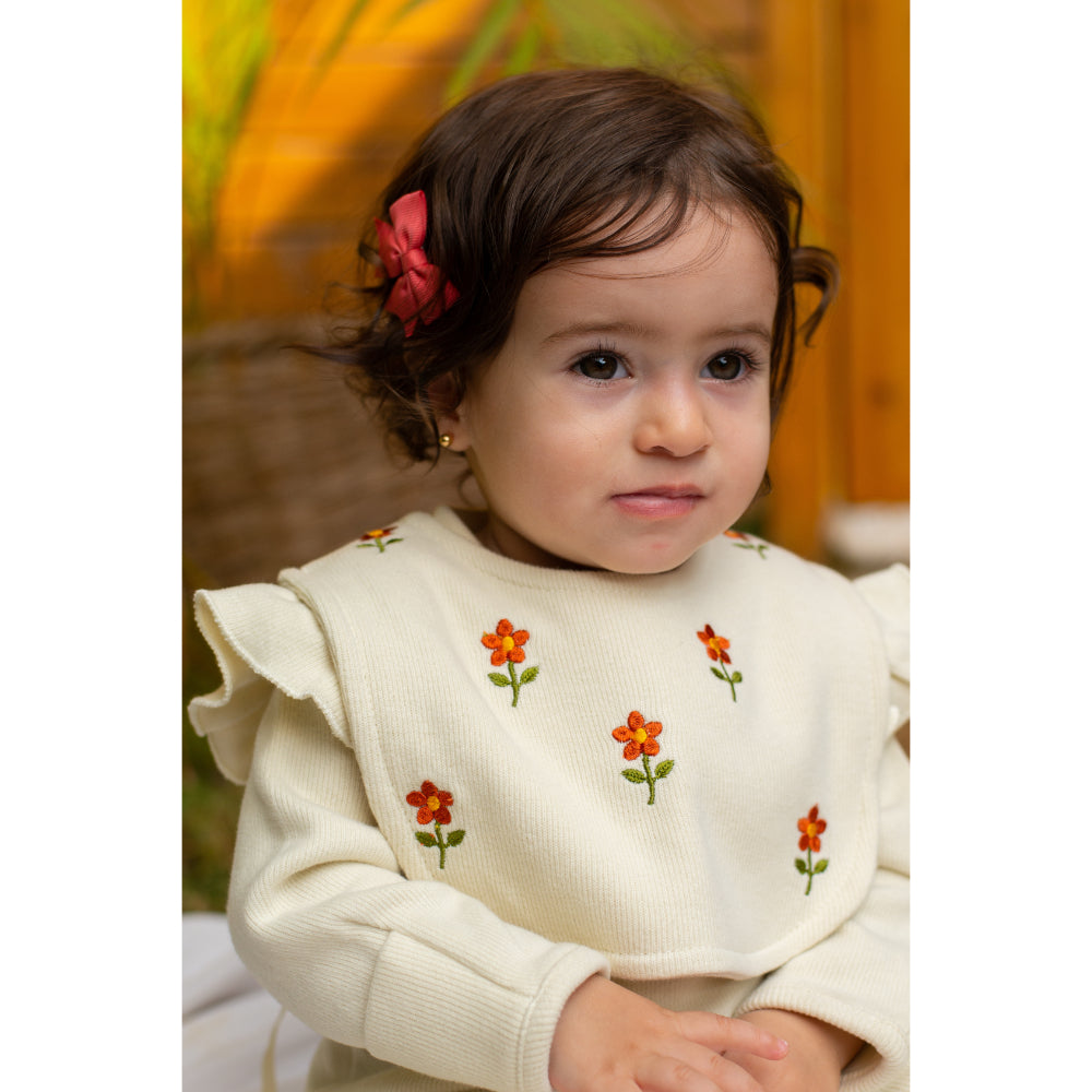 Baby Girls Cotton Footless Onesie – 2-Piece Off-White with Floral Embroidery & Matching Vest