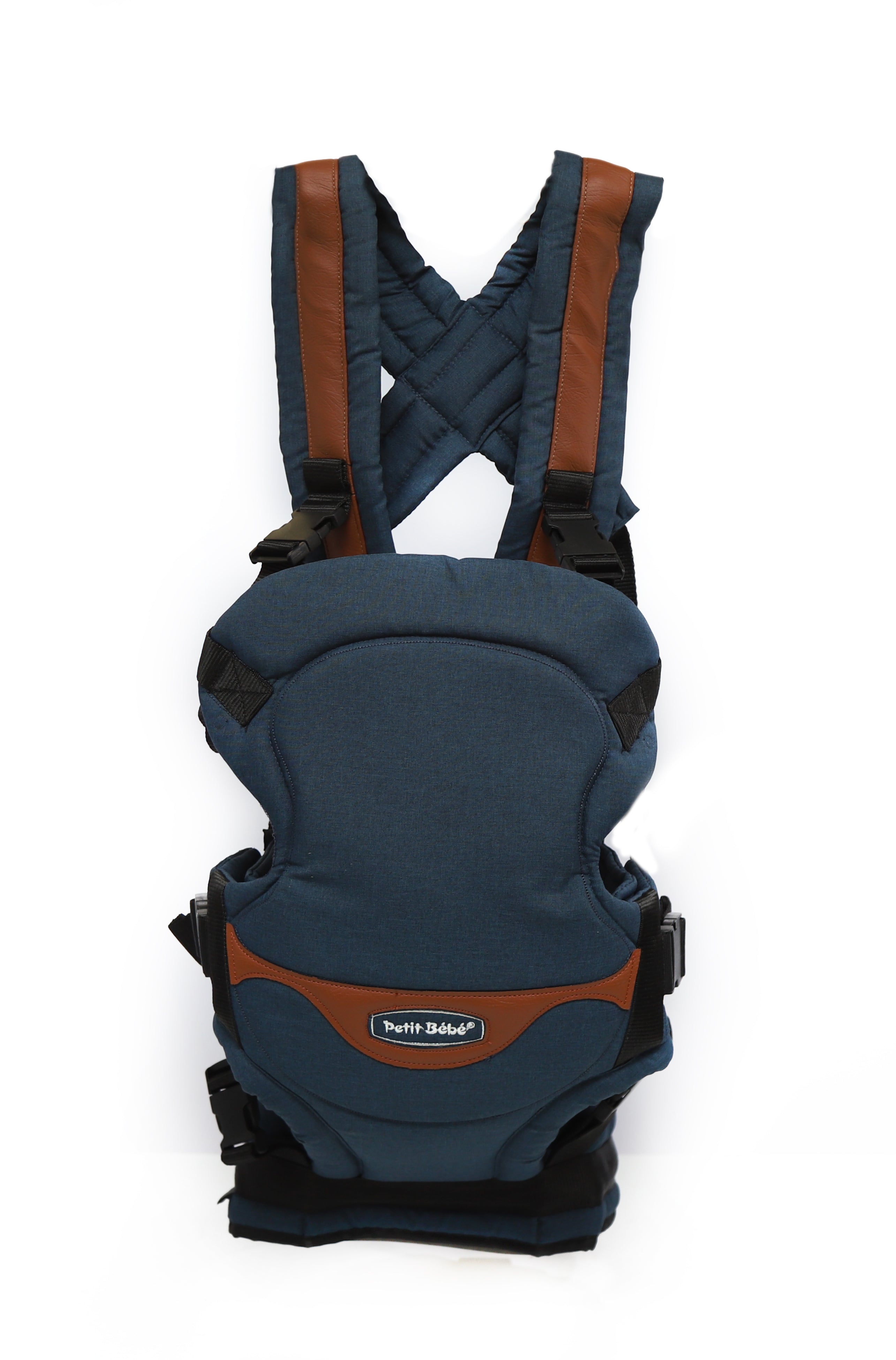 Petit Bebe Smart Gear Baby Carrier – Navy Blue Linen Fabric with Havana Leather