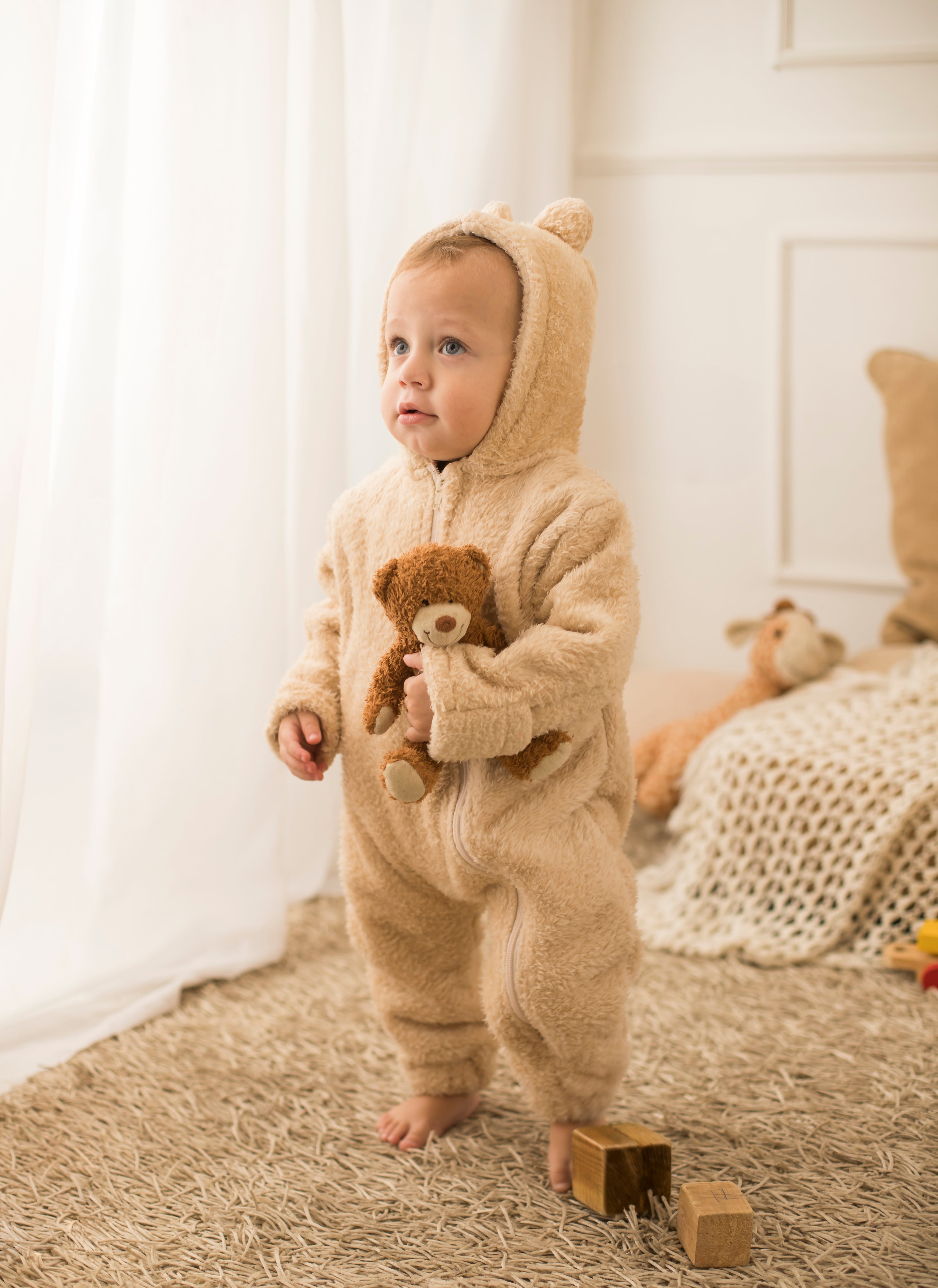 Unisex Baby Teddy Fleeced Hooded Footless Onesie – Beige