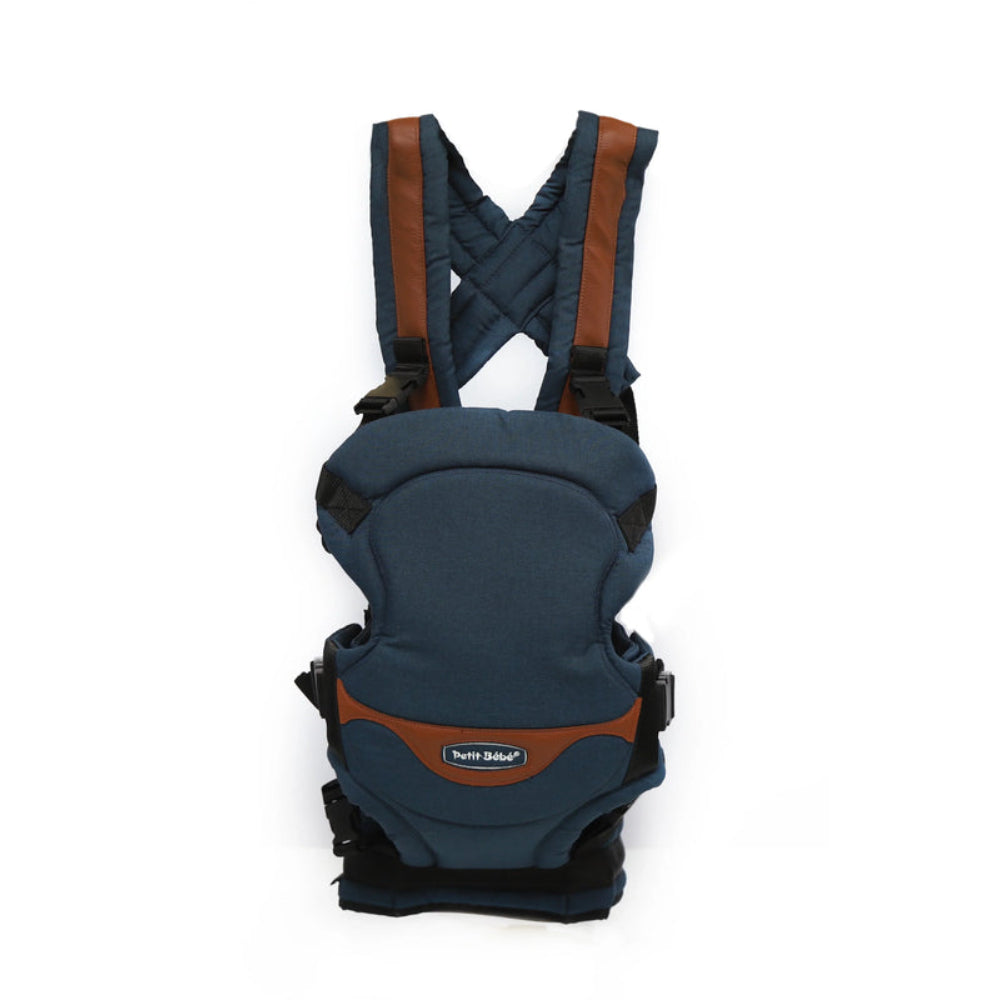 Petit Bebe Smart Gear Baby Carrier – Navy Blue Linen Fabric with Havana Leather