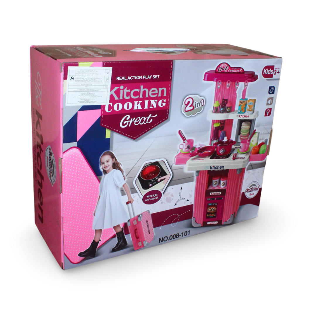 2-in-1 Rolling Kitchen Play Set with Light & Sound – Pink