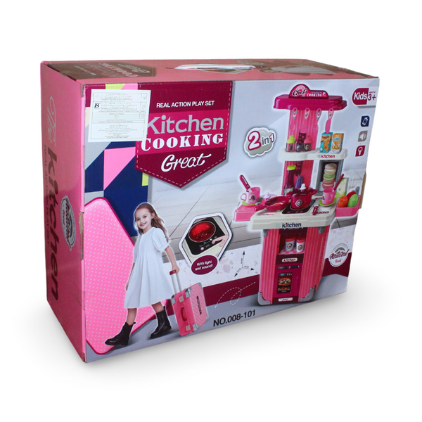 2-in-1 Rolling Kitchen Play Set with Light & Sound – Pink