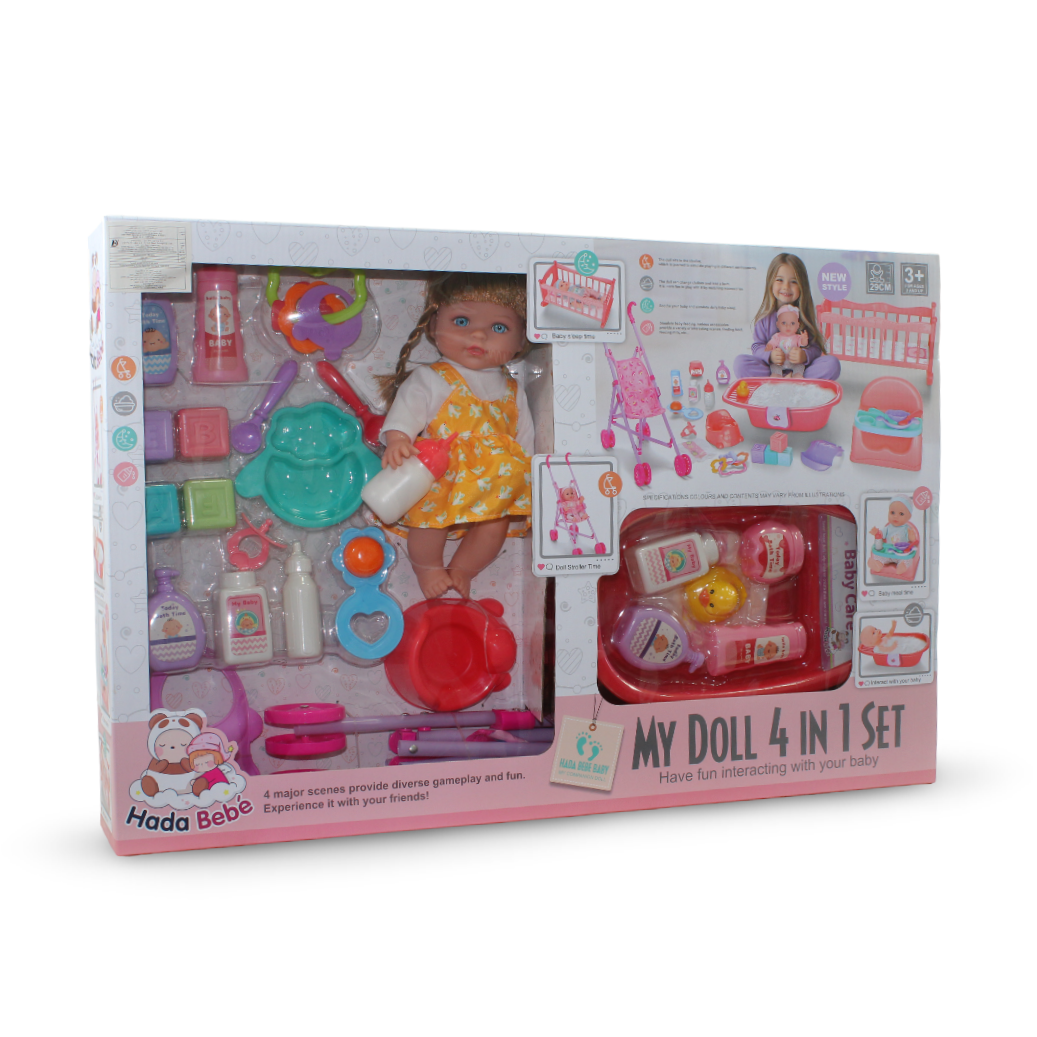 Baby Doll 4-in-1 Play Set with Bathtub, Crib & Booster Seat – 30 cm