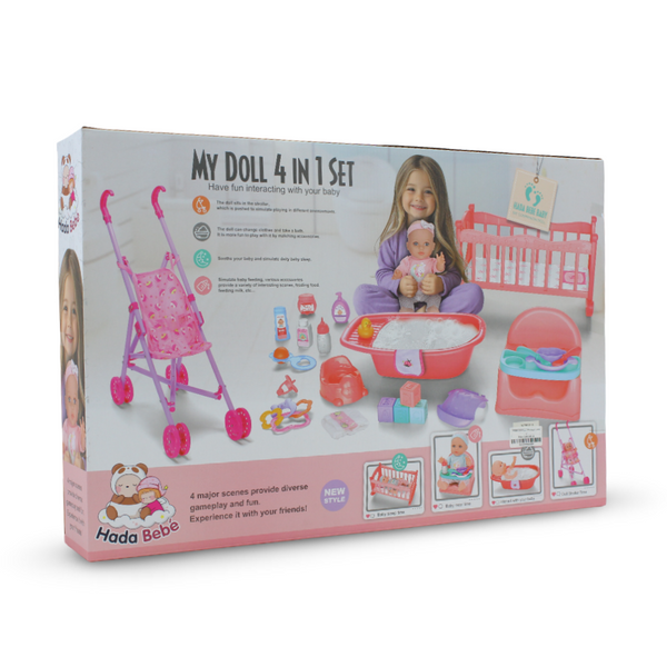 Baby Doll 4-in-1 Play Set with Bathtub, Crib & Booster Seat – 30 cm