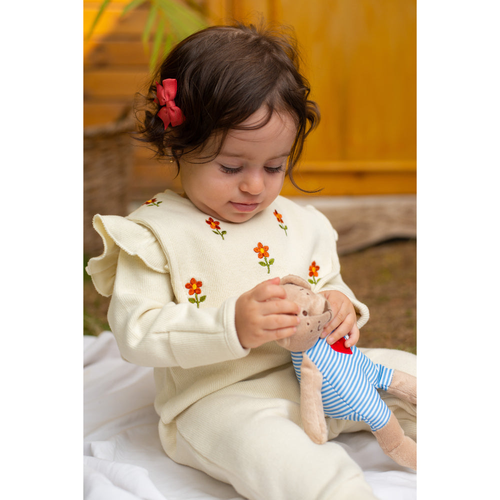 Baby Girls Cotton Footless Onesie – 2-Piece Off-White with Floral Embroidery & Matching Vest