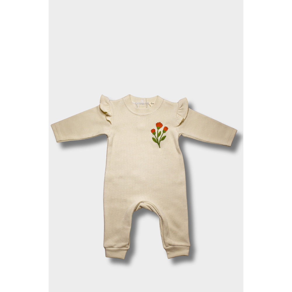 Baby Girls Cotton Footless Onesie – 2-Piece Off-White with Floral Embroidery & Matching Vest