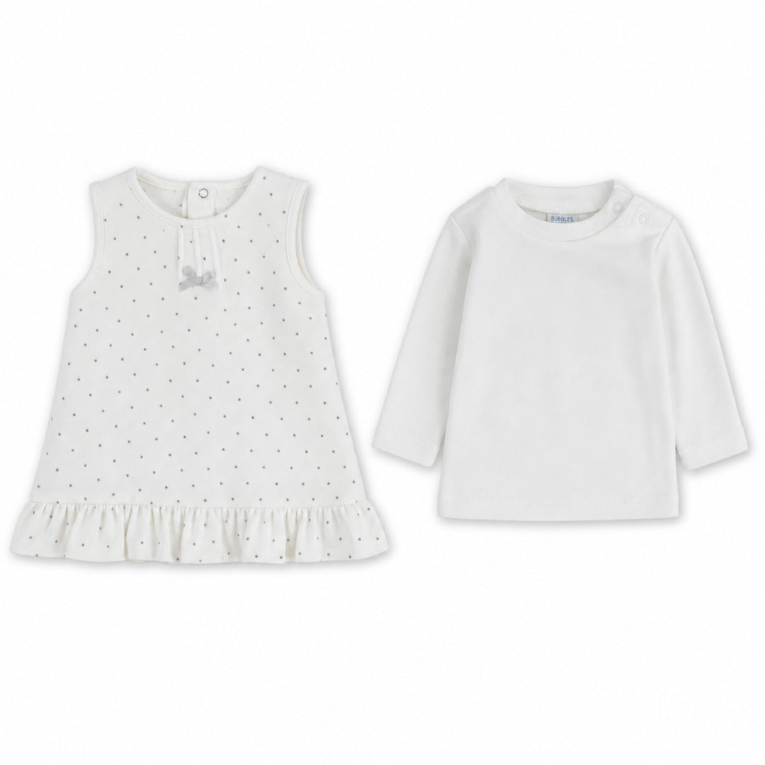 Baby Girls Velvet 2-Piece Dress – Off-White with Dotted Pattern