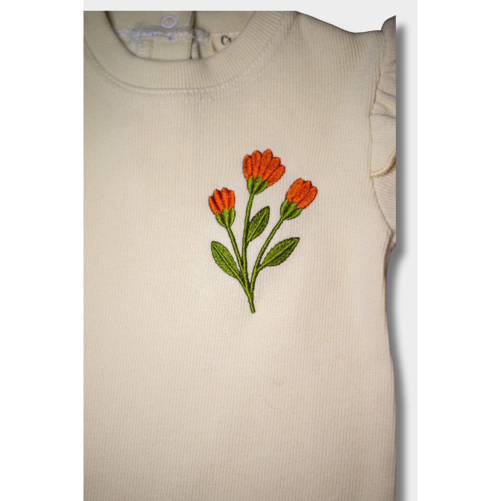 Baby Girls Cotton Footless Onesie – 2-Piece Off-White with Floral Embroidery & Matching Vest