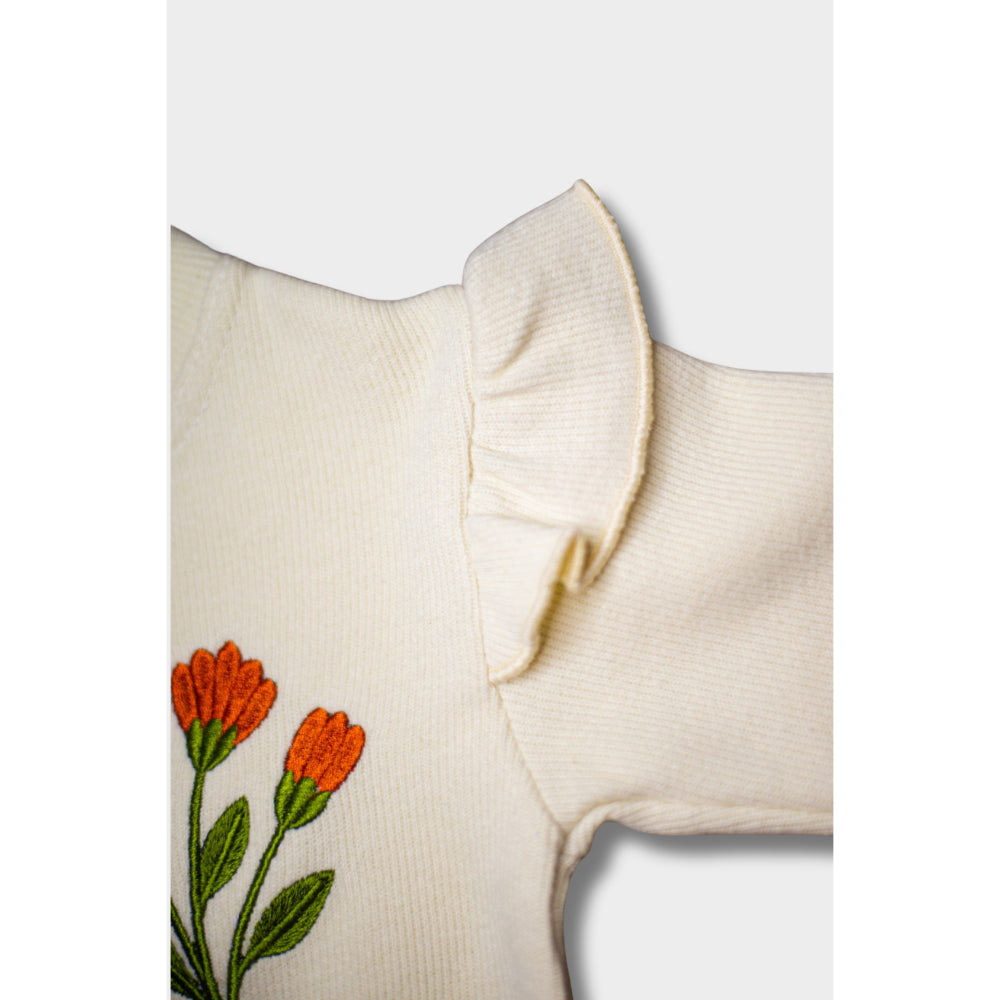 Baby Girls Cotton Footless Onesie – 2-Piece Off-White with Floral Embroidery & Matching Vest