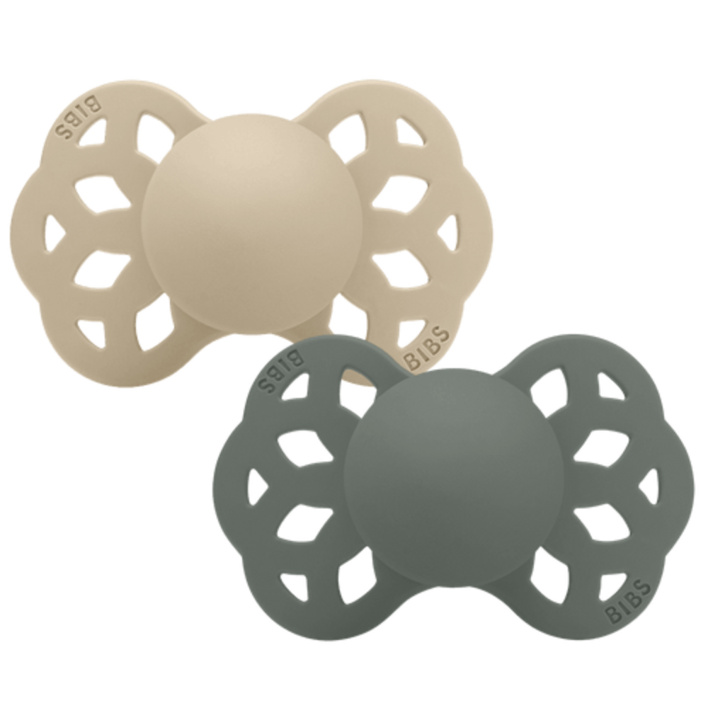 BIBs Baby Infinity Pacifier 2-Pack Anatomical Silicone Size 1 – Vanilla / Pine