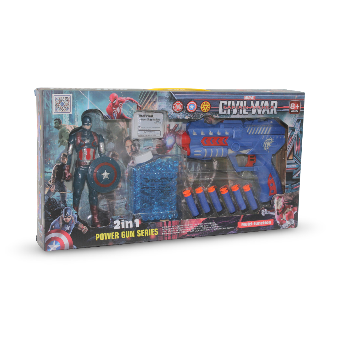 Captain America 2-in-1 Civil War Power Gun (Foam & Gel Gun with Figure) Toy Set