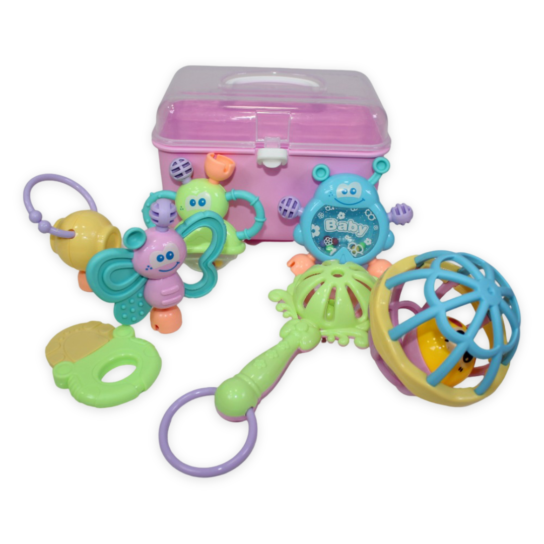Baby Rattle Set – 7 Different Shapes with Gentle Rattle Sounds (Pink)