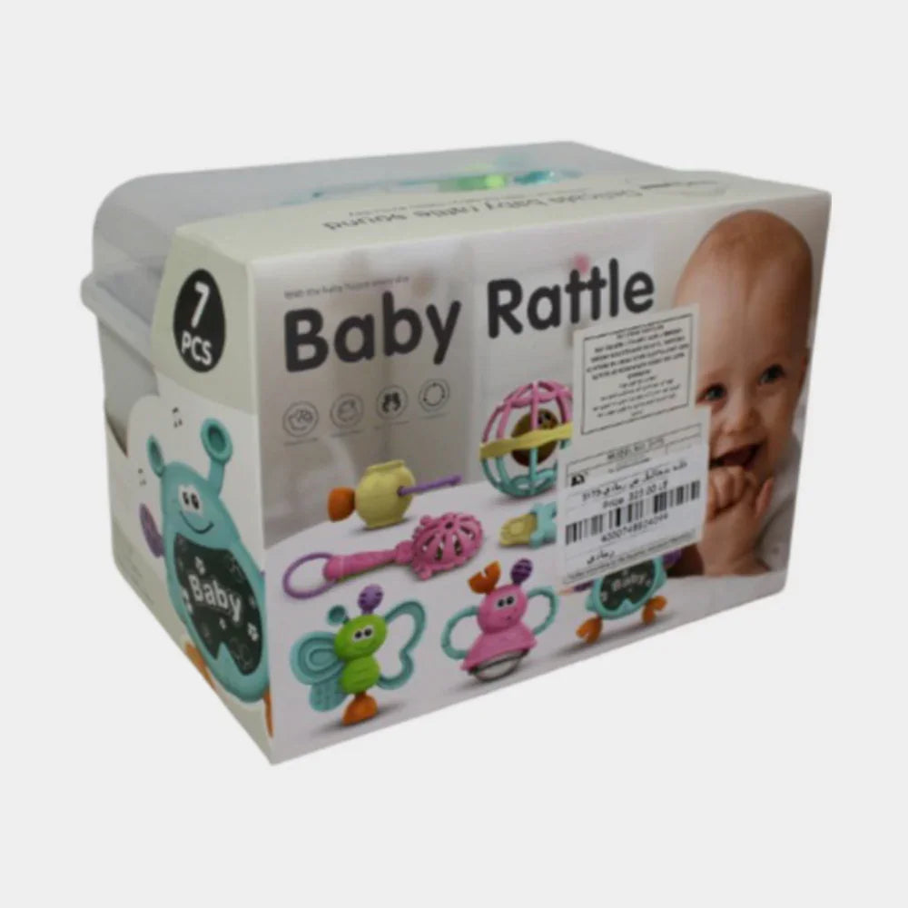 Baby Rattle Set – 7 Different Shapes with Gentle Rattle Sounds (Grey)