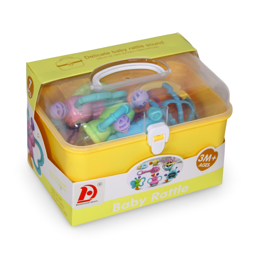 Baby Rattle Set – 7 Different Shapes with Gentle Rattle Sounds (Yellow)