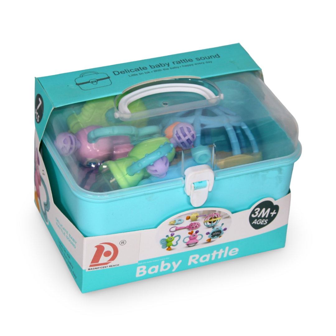 Baby Rattle Set – 7 Different Shapes with Gentle Rattle Sounds (Aqua)