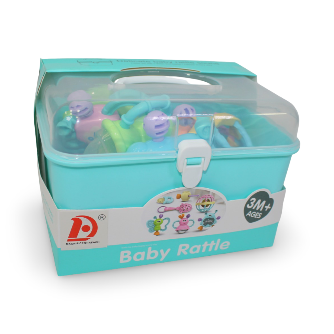 Baby Rattle Set – 7 Different Shapes with Gentle Rattle Sounds (Aqua)
