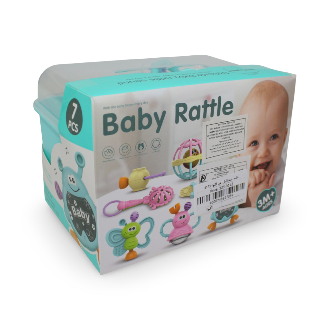 Baby Rattle Set – 7 Different Shapes with Gentle Rattle Sounds (Aqua)