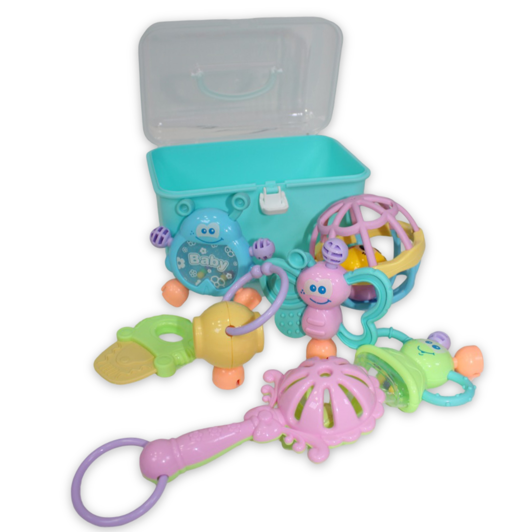 Baby Rattle Set – 7 Different Shapes with Gentle Rattle Sounds (Aqua)