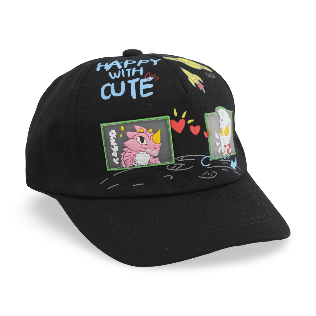 Unisex Cotton Cap –  Black with "Happy With Cute" Design