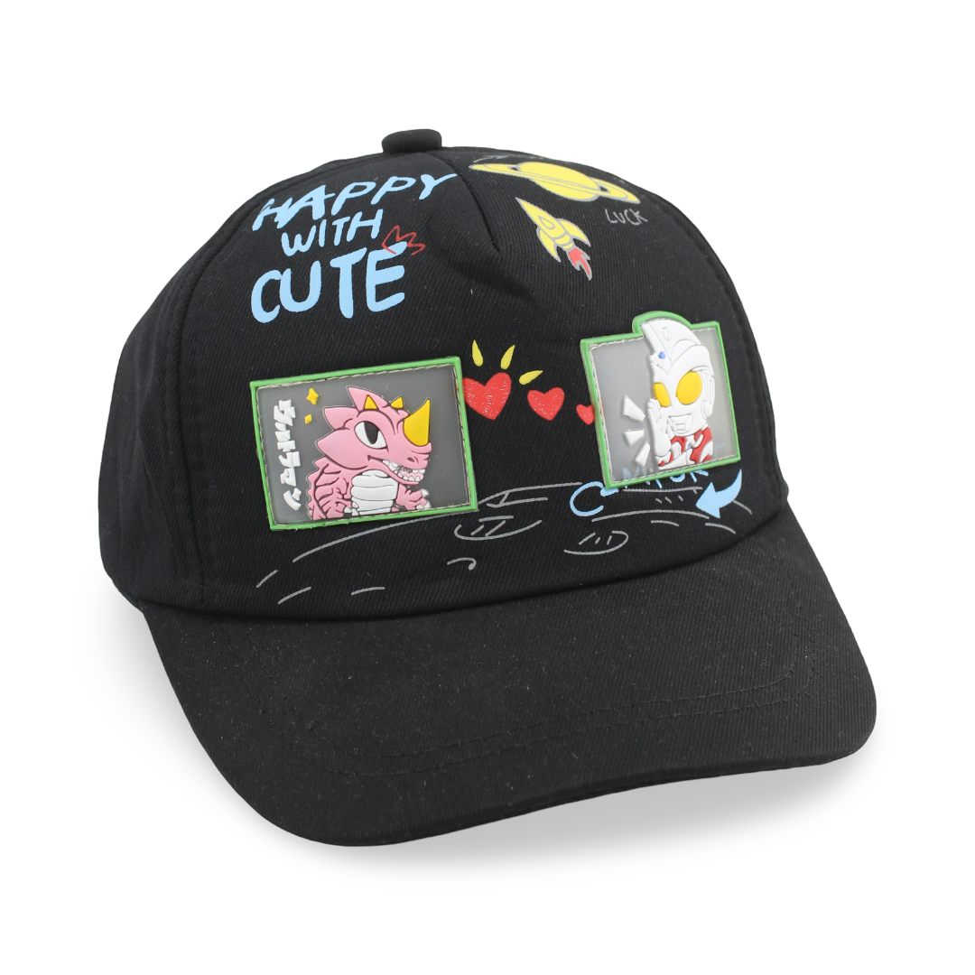 Unisex Cotton Cap – Black with "Happy with Cute" Design - Clothing - Fancy