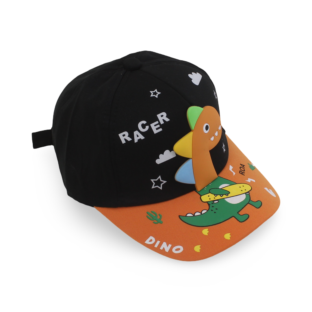 Boys Cotton Cap – Black with "Racer Dino" Design