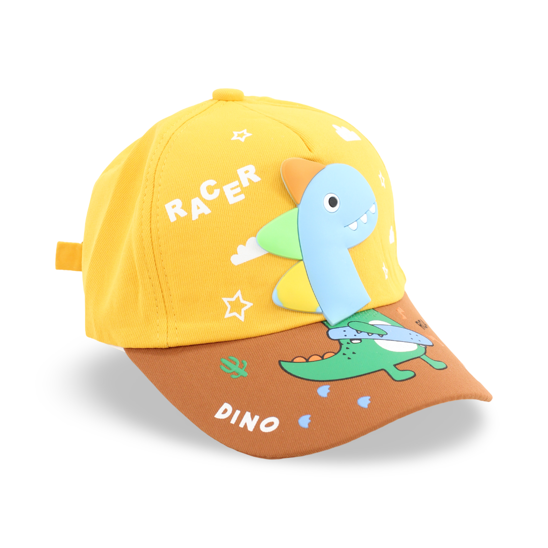 Boys Cotton Cap – Yellow with "Racer Dino" Design