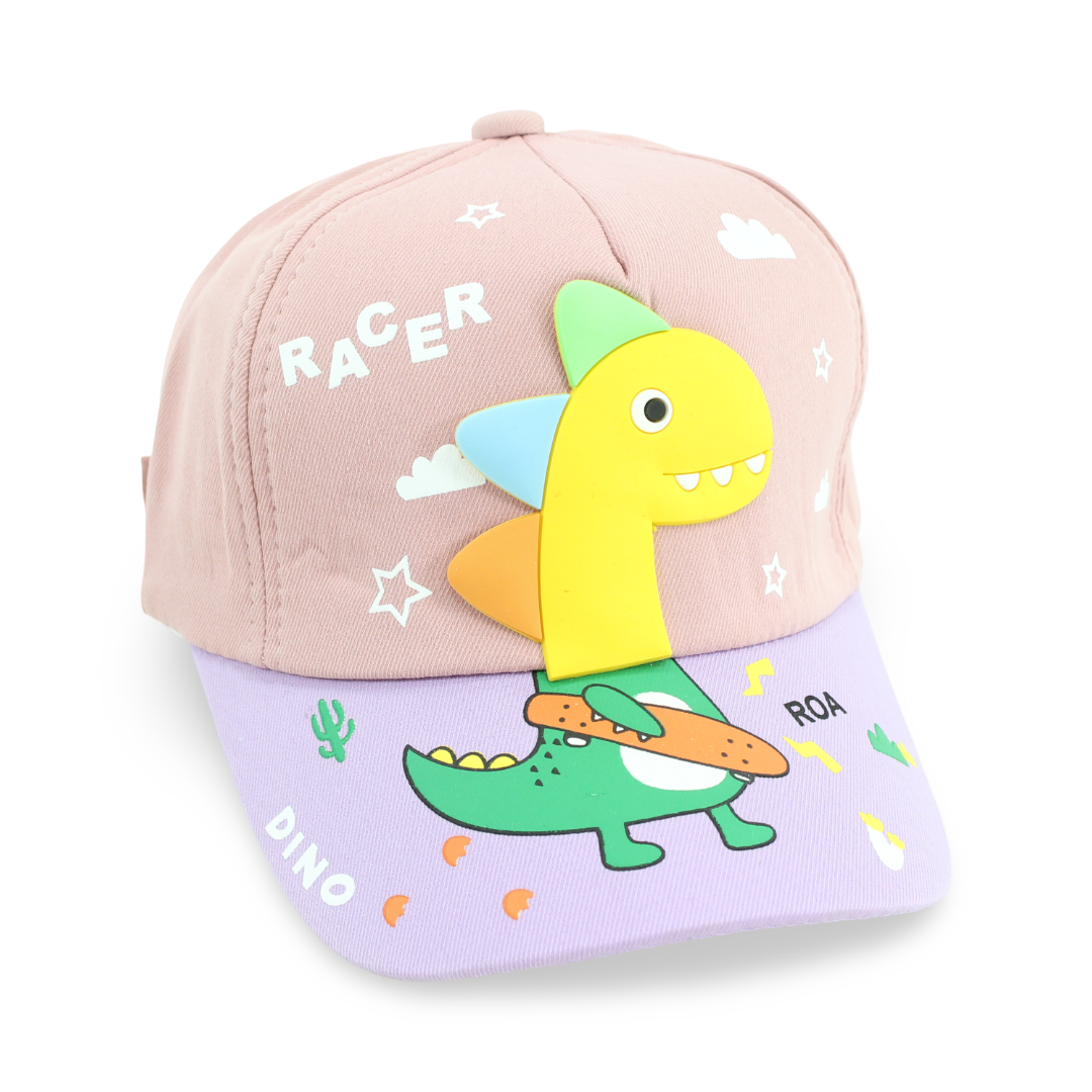 Girls Cotton Cap – Dusty Pink with "Racer Dino" Design