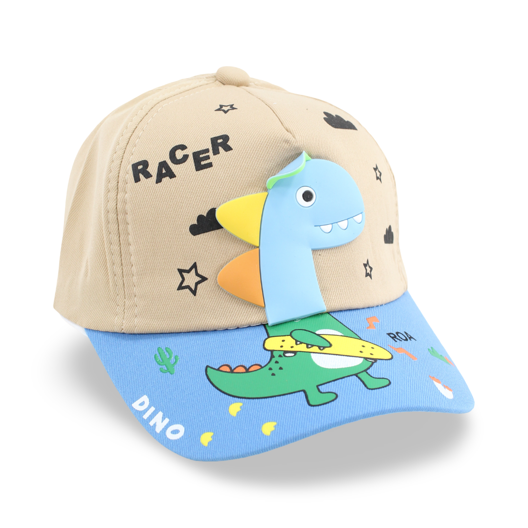 Boys Cotton Cap – Beige with "Racer Dino" Design