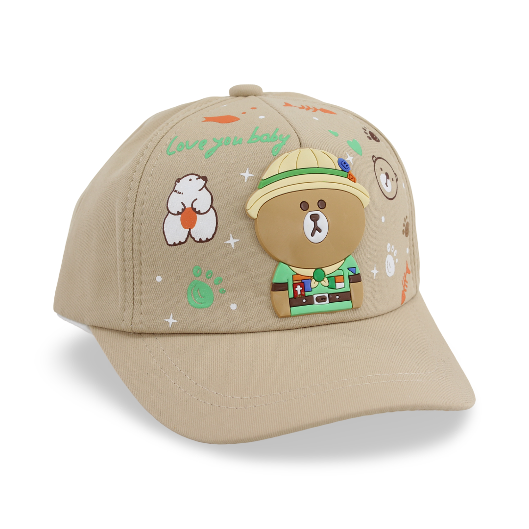 Boys Cotton Cap – Beige with Teddy Bear Design
