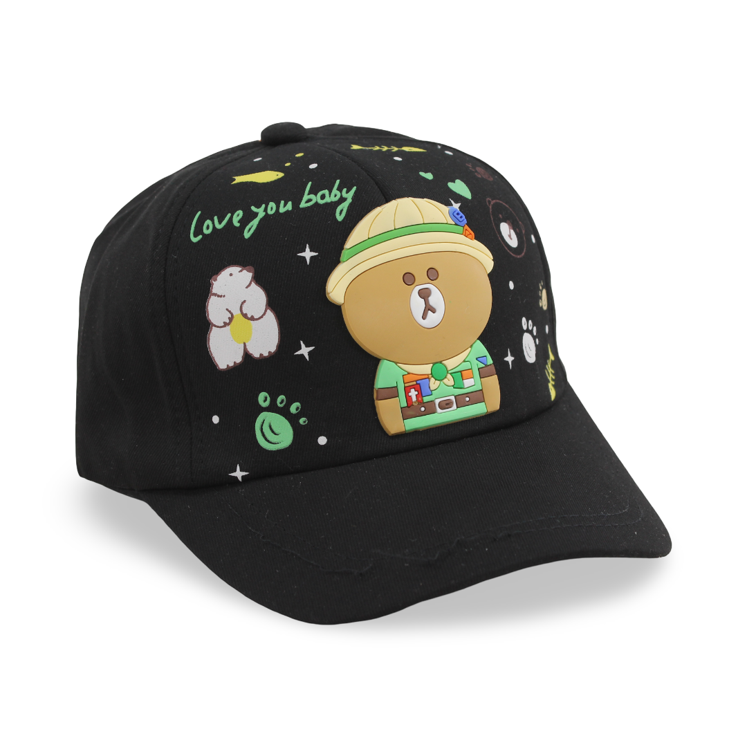 Boys Cotton Cap – Black with Teddy Bear Design - Clothing - Fancy
