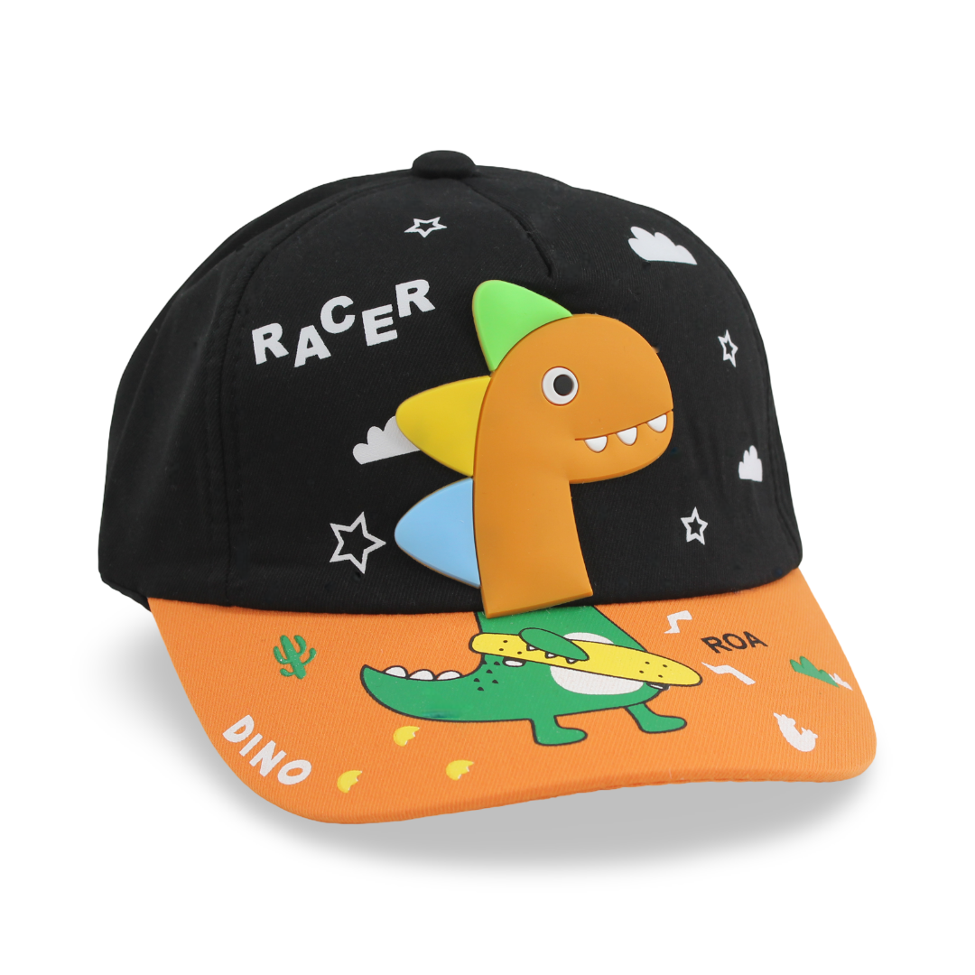 Boys Cotton Cap – Black with Racer Dino Design - Clothing - Fancy