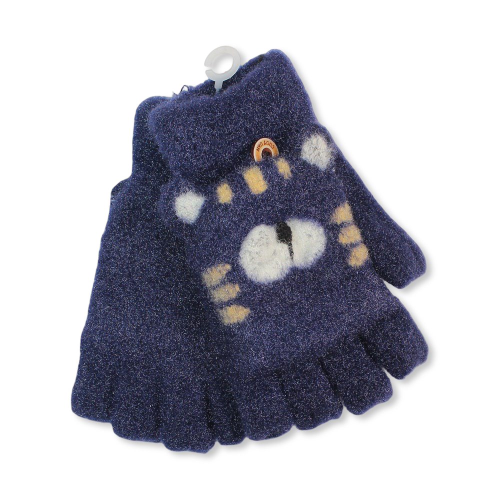 Children Half Finger Gloves – Navy with Bear Design