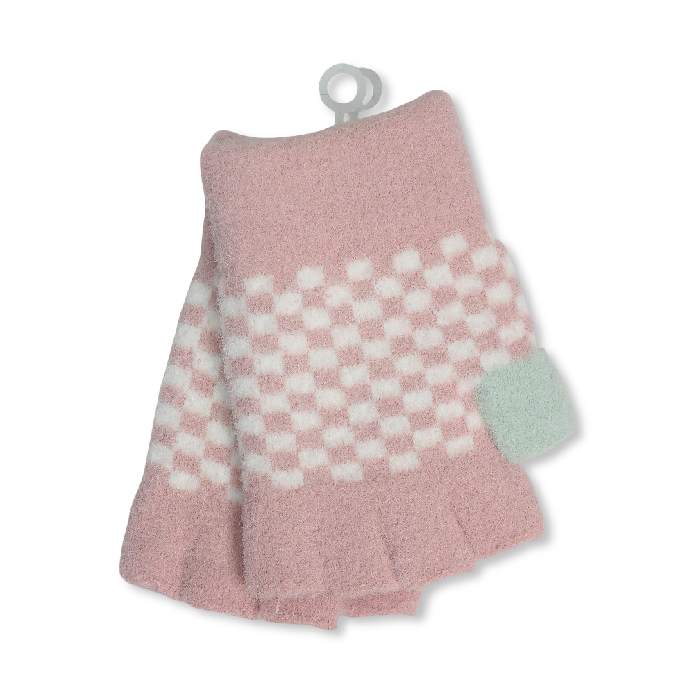 Children Half Finger Gloves – Pink with Square Design
