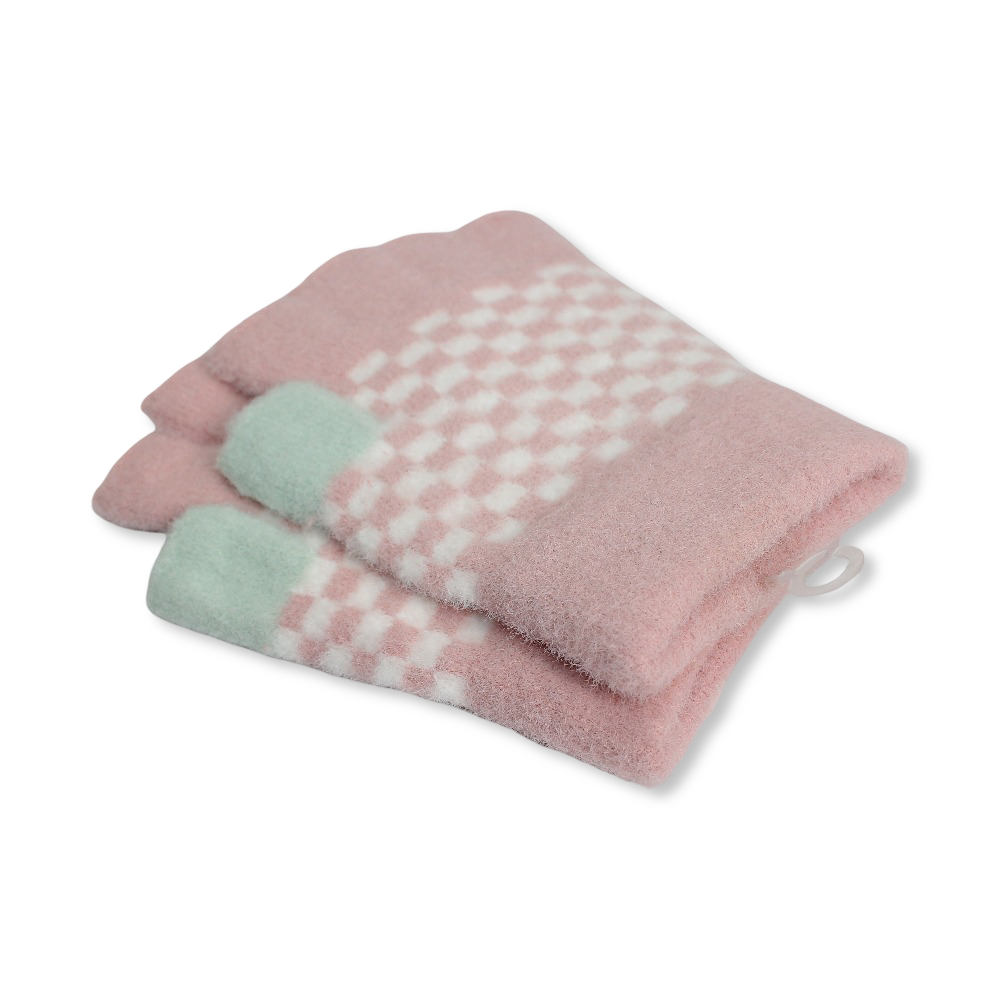 Children Half Finger Gloves – Pink with Square Design