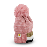 Unisex Knitted Beanie – Pink with Pom Pom and Smile Patch