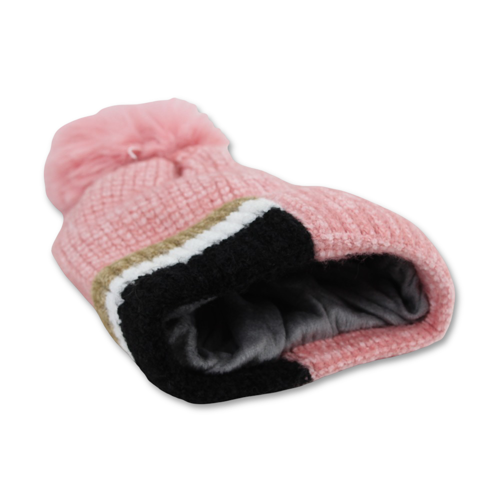 Unisex Knitted Beanie – Pink with Pom Pom and Smile Patch