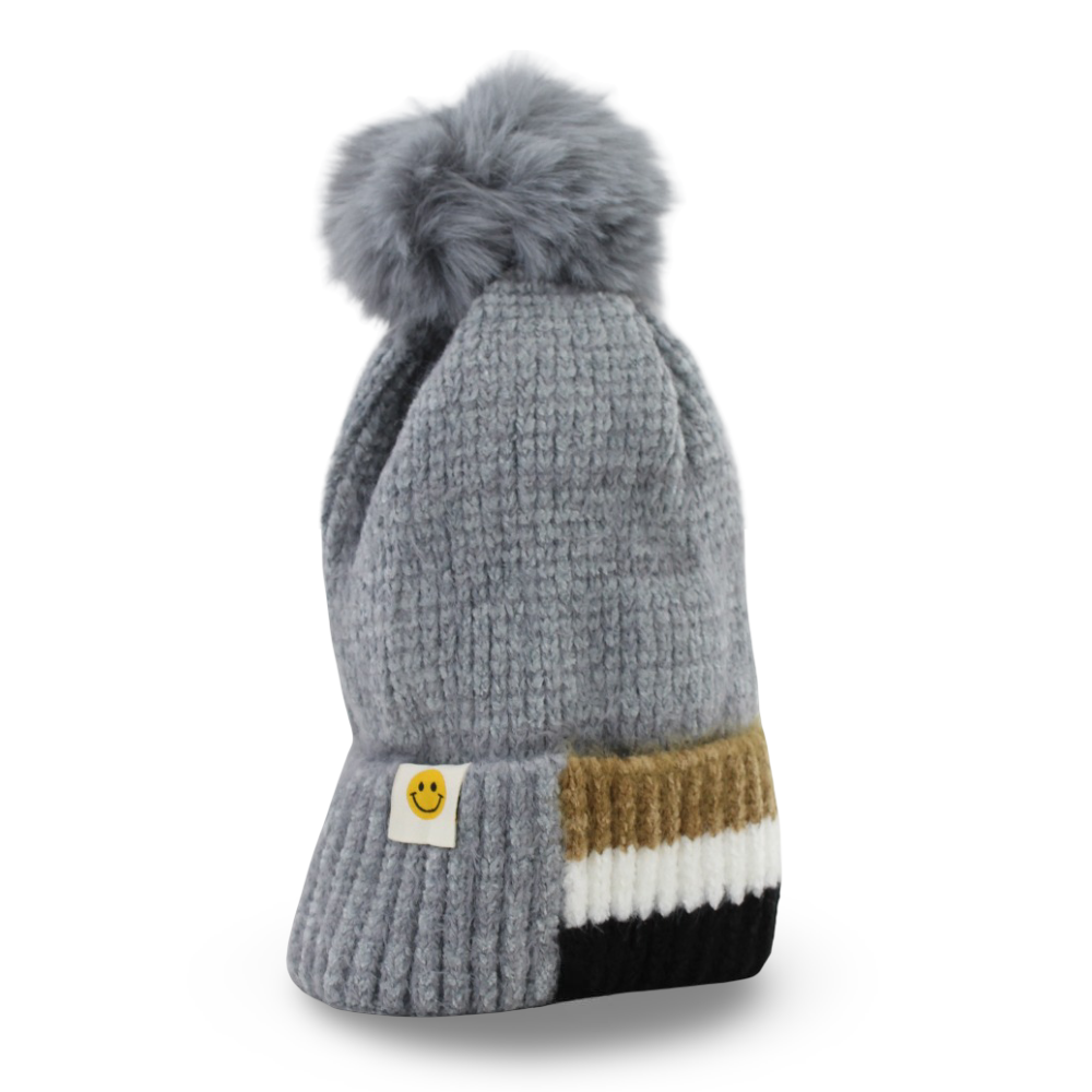 Unisex Knitted Beanie – Grey with Pom Pom and Smile Patch