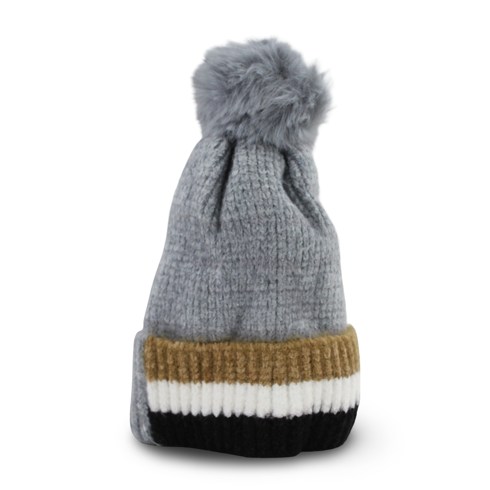 Unisex Knitted Beanie – Grey with Pom Pom and Smile Patch