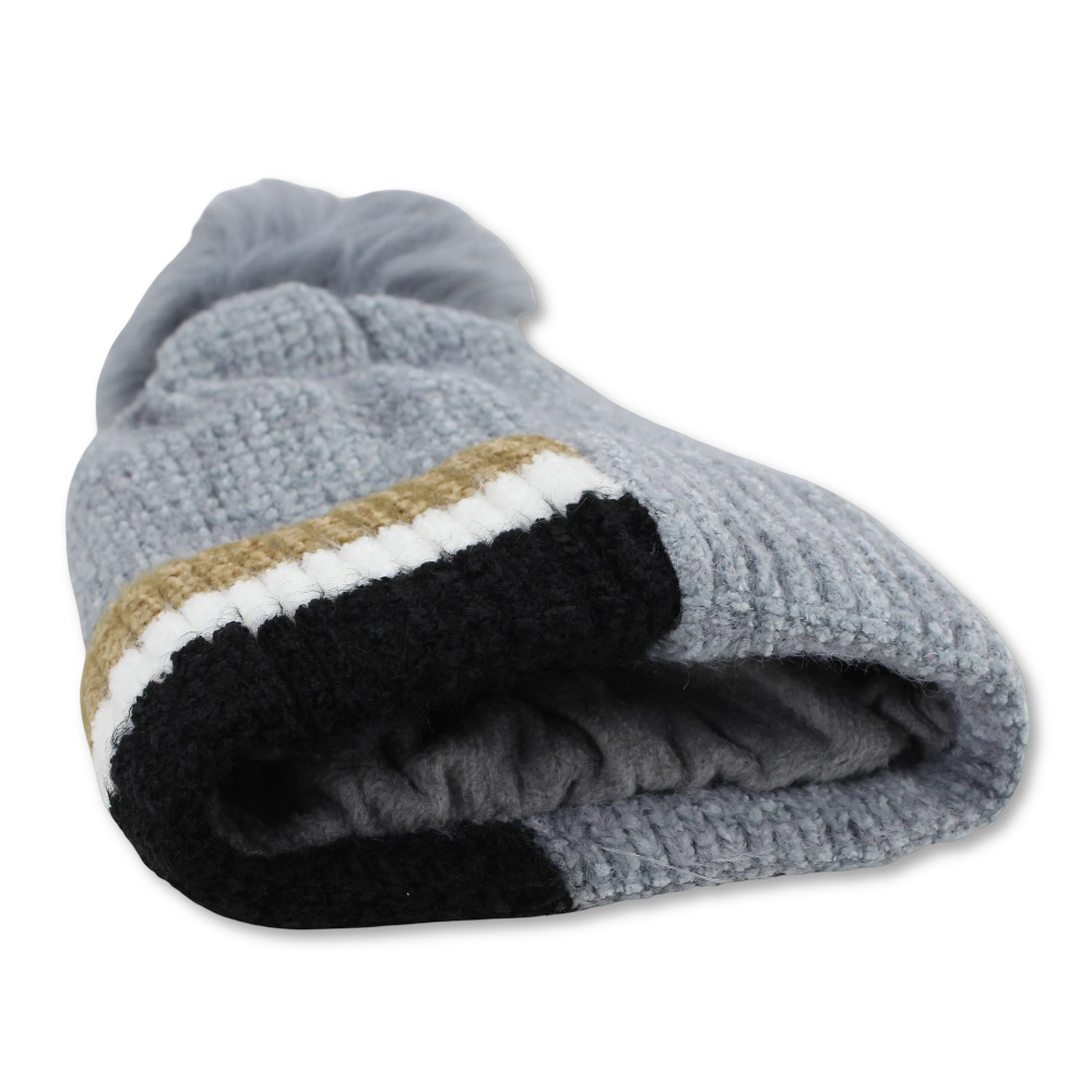 Unisex Knitted Beanie – Grey with Pom Pom and Smile Patch