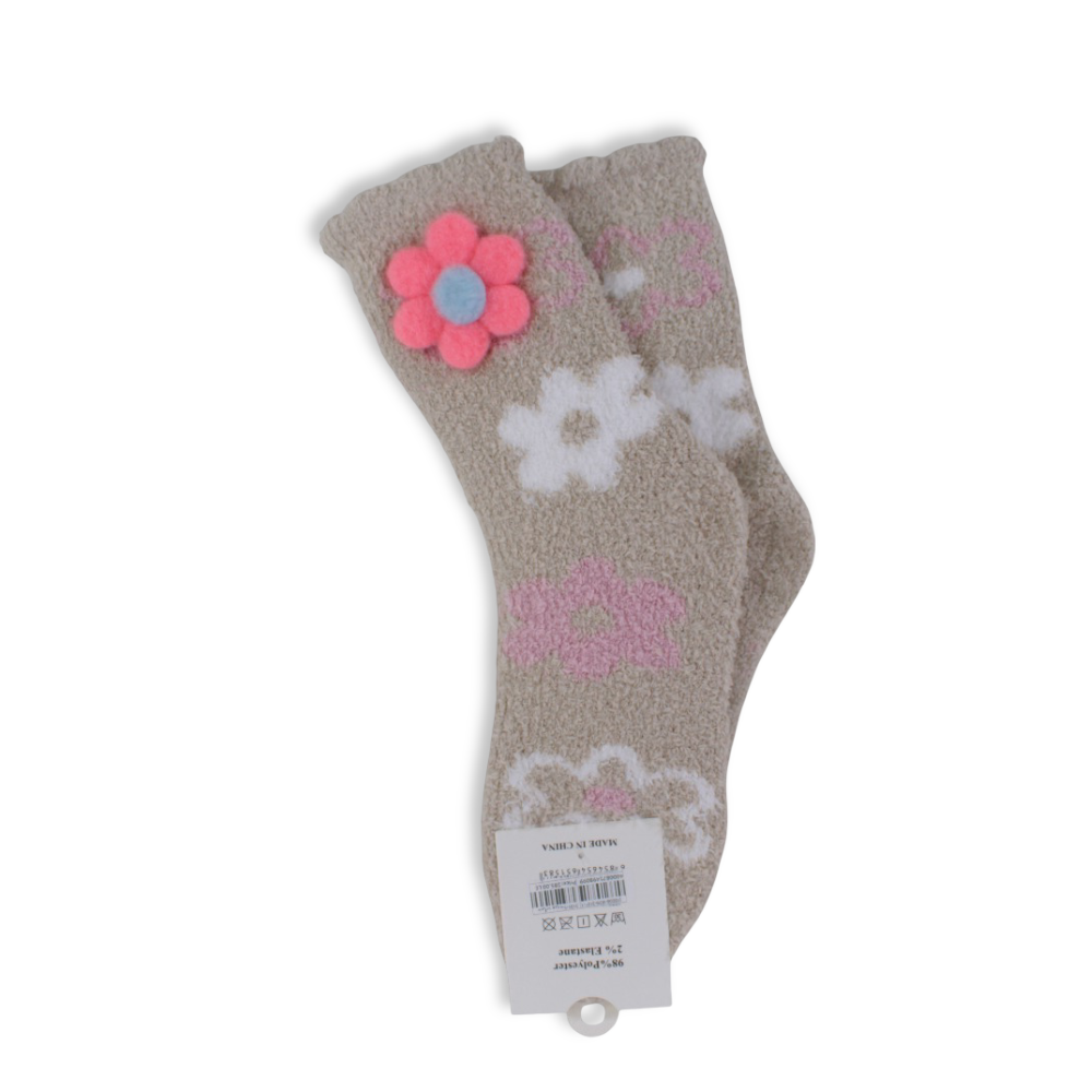 Girls Socks – Beige with Flowers Design