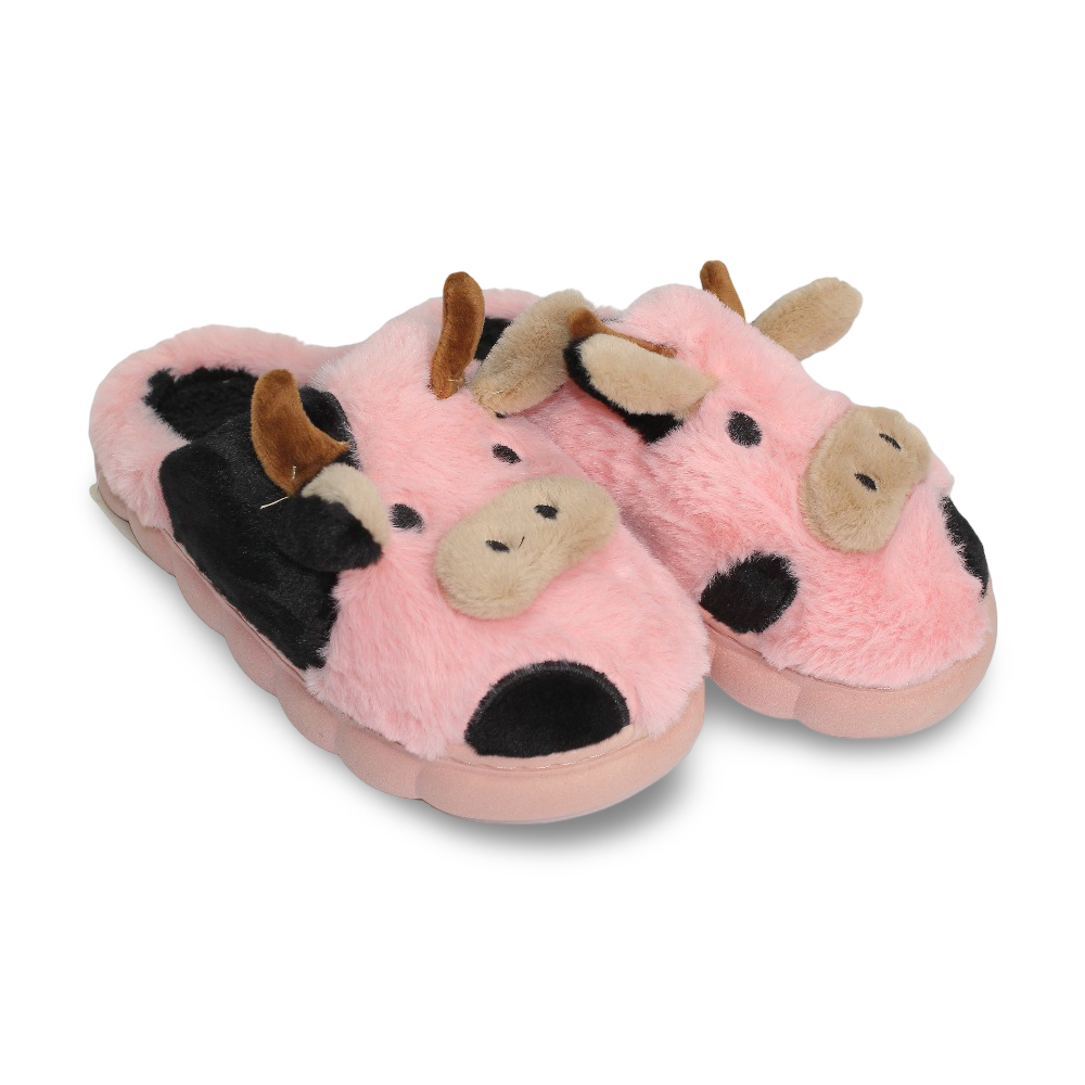 Girls Fur Slippers – with Cow Design