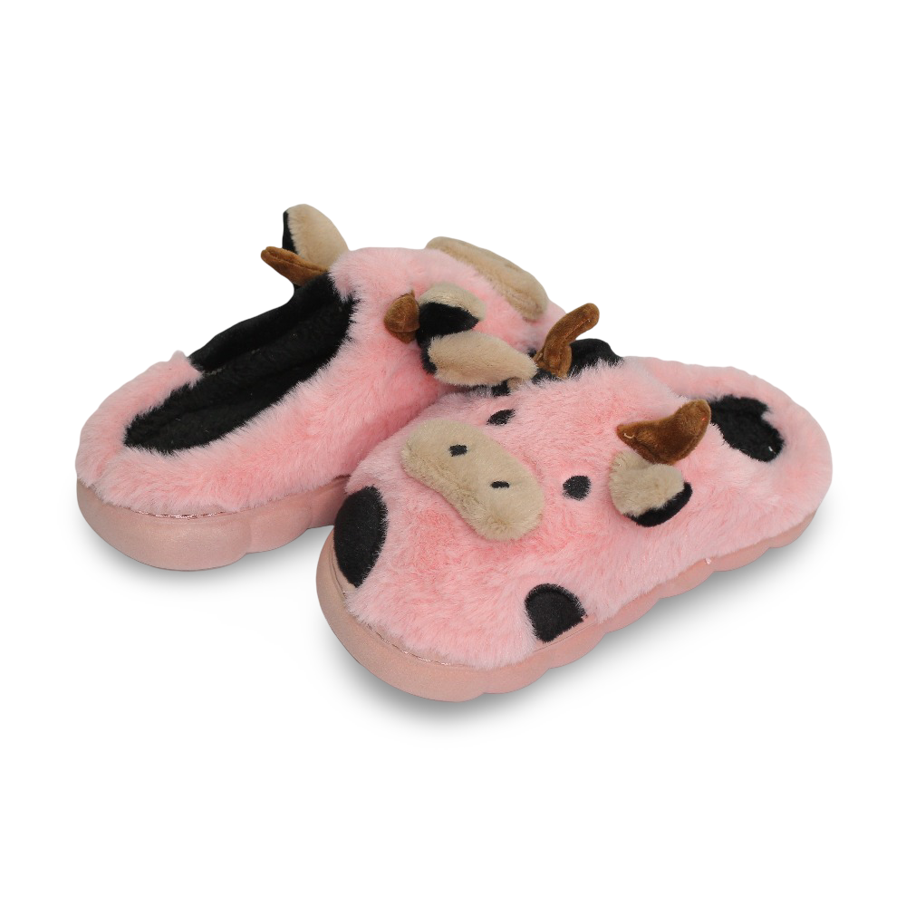 Girls Fur Slippers – with Cow Design