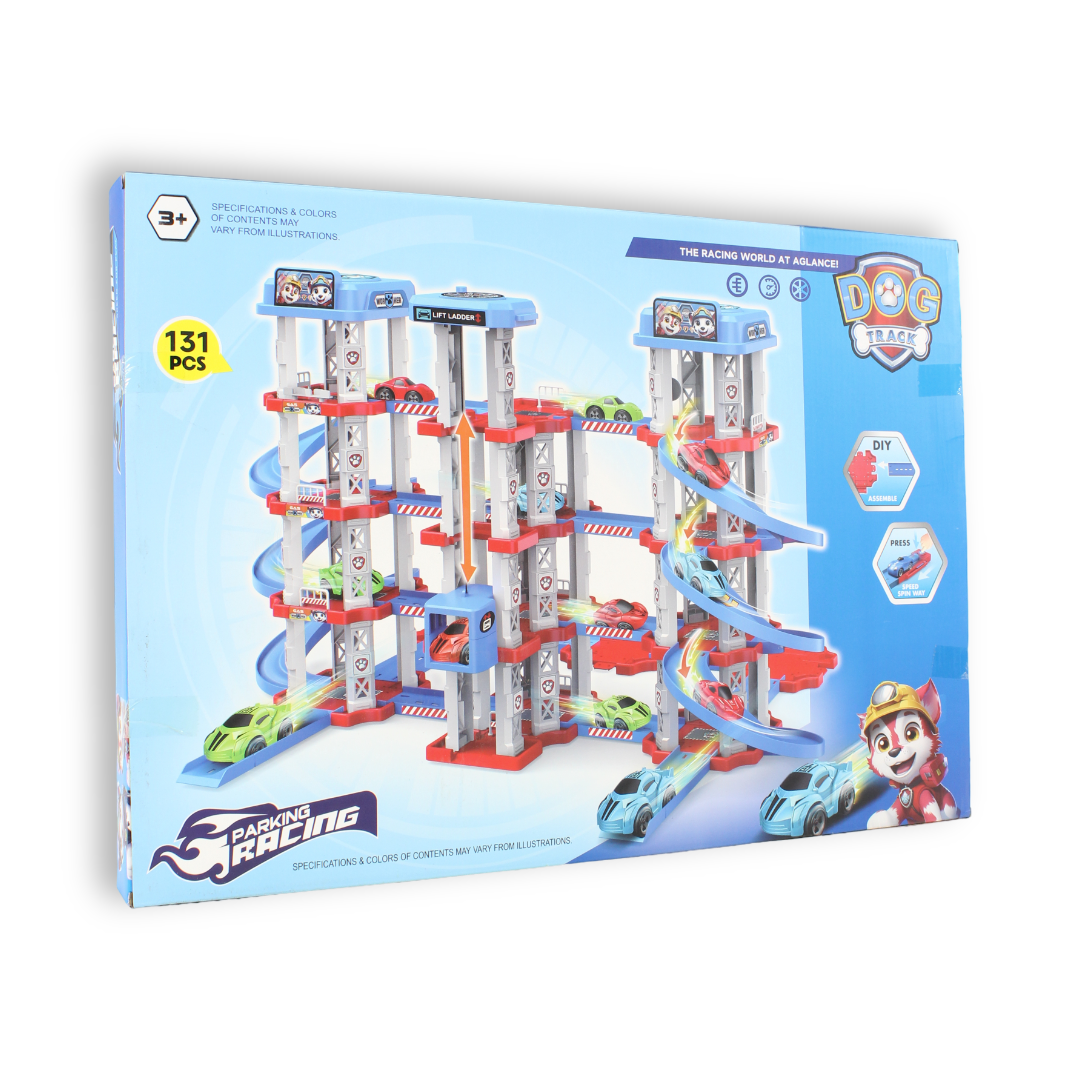 PAW Patrol Multi-Level Parking Garage and Racing Track Playset – 131 Pcs