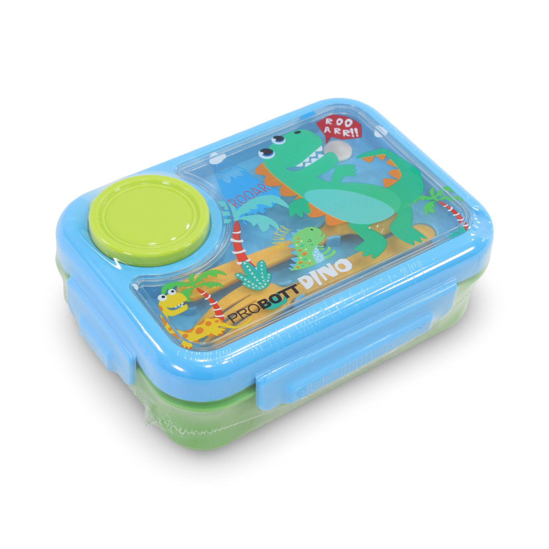 Probott Dino Lunch Box with (Fork ,Spoon and Sauce Container) – Baby Blue & Green