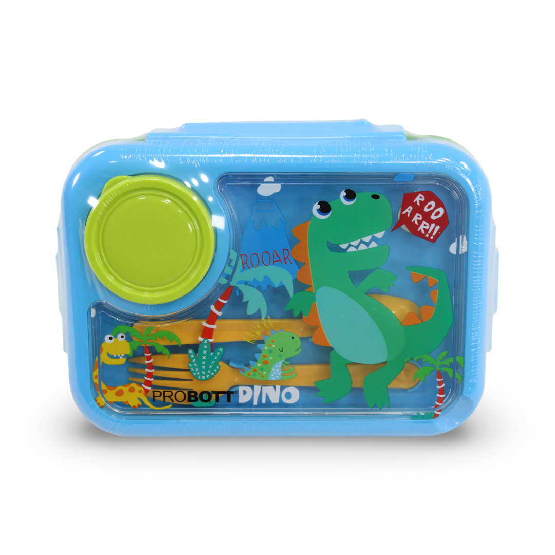 Probott Dino Lunch Box with (Fork ,Spoon and Sauce Container) – Baby Blue & Green