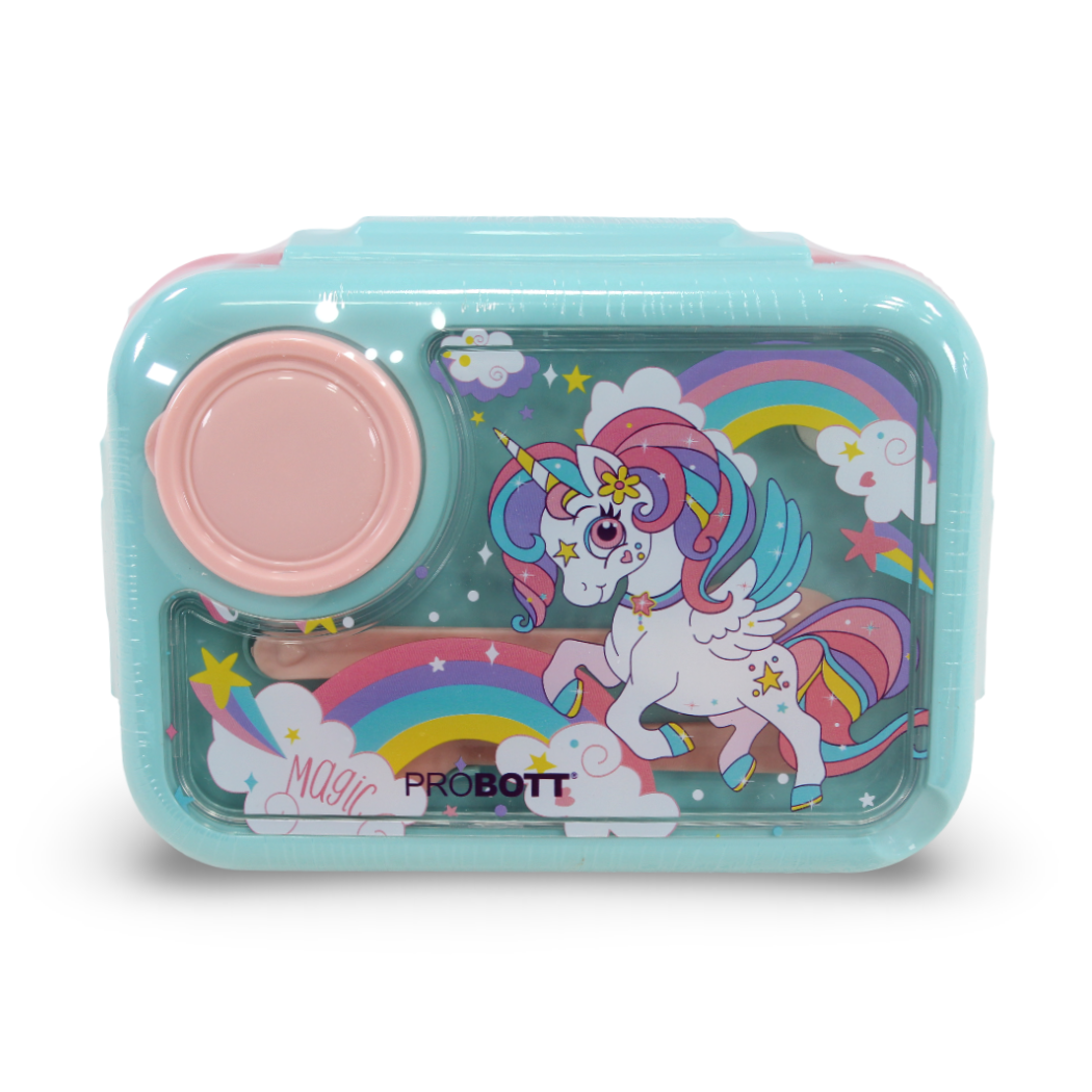Probott Unicorn Lunch Box with (Fork ,Spoon and Sauce Container) – Mint & Pink